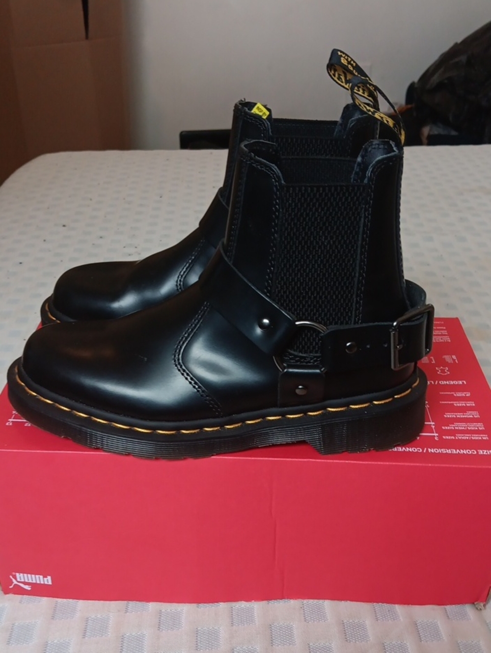 Dr. Martens Black Leather Chelsea Harness Boots with Yellow Stitching